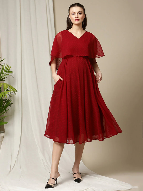 pregnant woman wearing red formal maternity dress